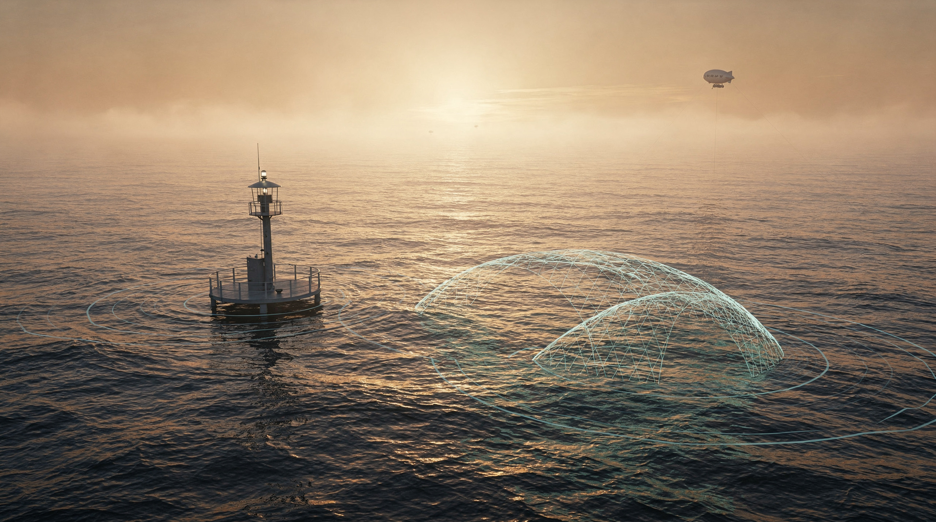 Ocean horizon at dawn with Horizon Buoys, a tethered aerostat, and a stratospheric platform, linked by a faint mesh network