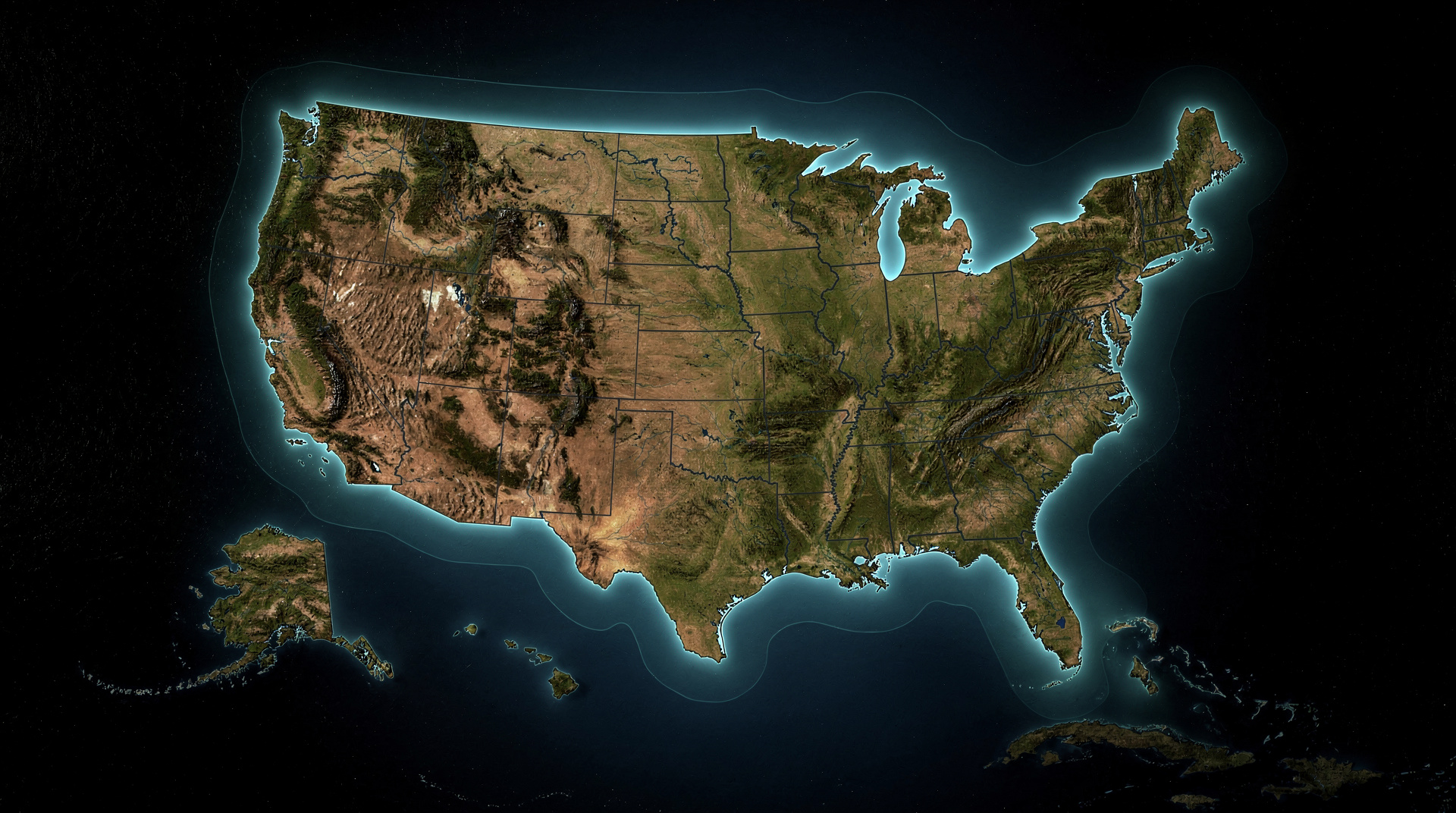 The American ocean jurisdiction from space, EEZ boundaries drawn